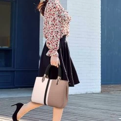 Beakey Fashion Colorblock Shoulder Bag Women Top Handle Leather Totes-Khaki -Madam Clothing Store 02fa17eedf2e1762540321b3f156ed4c