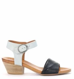 EOS Women's Cubes Italian Leather Sandal With Ankle Buckle And Stacked Heel Wht/Black