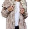 Beakey Womens Long Sleeve Fuzzy Fleece Jacket Hooded Cardigan Coat With Pockets-Khaki