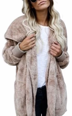 Beakey Womens Long Sleeve Fuzzy Fleece Jacket Hooded Cardigan Coat With Pockets-Khaki