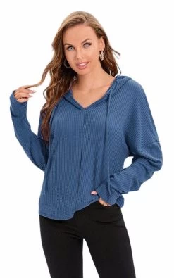 Beakey Women Casual Long Sleeve Solid Hooded Drawstring Knit Jacket-Blue