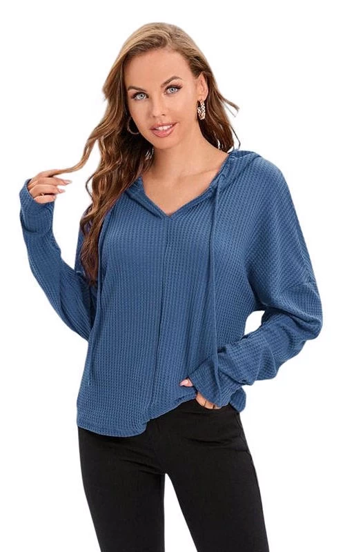 Beakey Women Casual Long Sleeve Solid Hooded Drawstring Knit Jacket-Blue