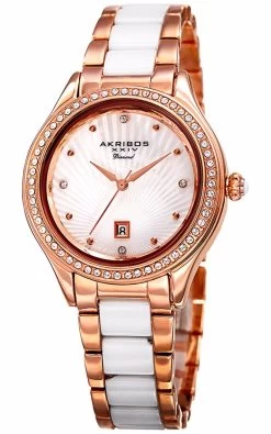 Akribos XXIV Women's Quartz Diamond Oyster Shell Pattern Rose-Tone Bracelet Watch - Rose Gold/White