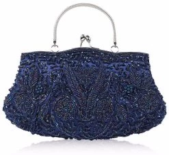 Beakey Beaded Sequin Design Flower Evening Purse Large Clutch Bag-Blue