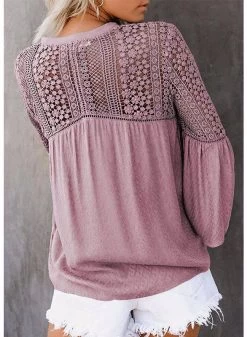 Beakey Womens V-neck Lace Crochet Shirt Flare Sleeve Buttoned Blouses-Pink -Madam Clothing Store 128c7c211ff6b44426201f4670f0f348