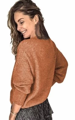 Beakey Womens Pullover Sweater Lace V Neck Long Sleeve Button Top-Brown -Madam Clothing Store 12cc2ce276603b7d77d63ed45dc16545