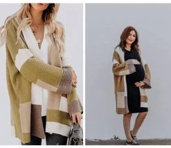 Womens Color Block Cardigan Open Front Sweaters Loose Knit Casual Coat-Khaki-AL6009 -Madam Clothing Store 14f8c6f92822f6670c5a5ce7c7749962