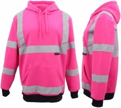 HI VIS Hooded Safety Jumper Hoodie Sweatshirt Tradie Workwear Fleece Jacket Coat - Fluro Pink