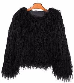 Beakey Womens Shaggy Faux Fur Outwear Short Thermal Coat-Black