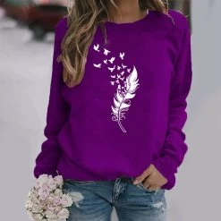 Beakey Womens Casual Long Sleeve T-Shirt Crew Neck Pullover-Purple White -Madam Clothing Store 1c8e1a9896015a87fcc0cb3f8a396978