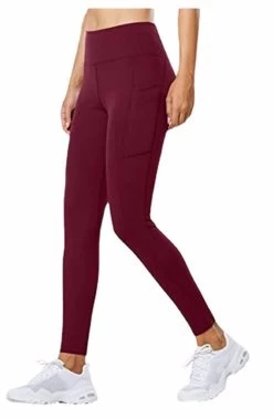 Beakey Womens High Waist Yoga Pants With Pockets Fashionable Leggings-Red Wine