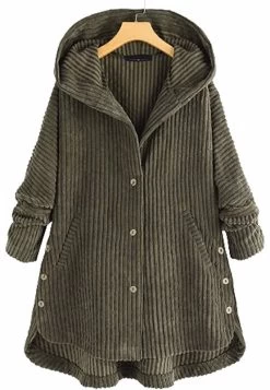 Beakey Ladies Casual Corduroy Hooded Coats Warm Mid Length Jackets-Green