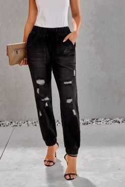 Azura Exchange Black Distress Drawstring Pocketed Joggers L