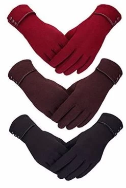 Catzon 3 Pairs Women Winter Gloves Warm Touchscreen Windproof Gloves-BlackWine RedBrown