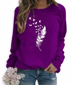 Beakey Womens Casual Long Sleeve T-Shirt Crew Neck Pullover-Purple White