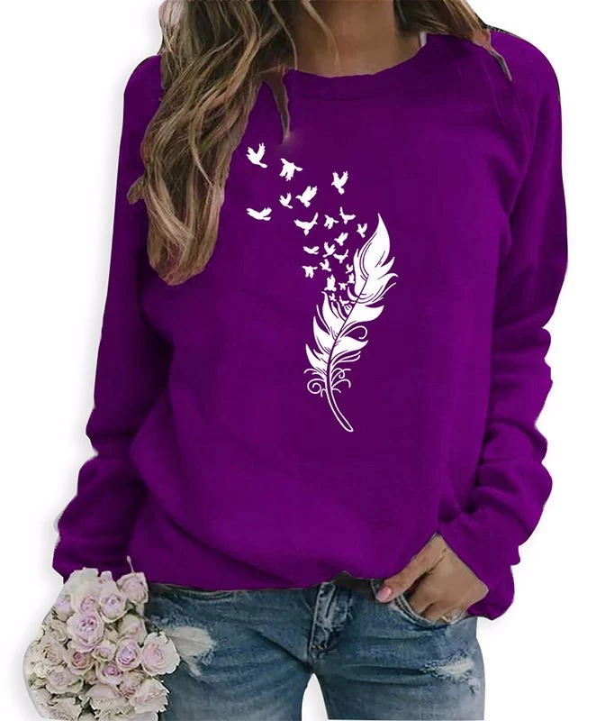 Beakey Womens Casual Long Sleeve T-Shirt Crew Neck Pullover-Purple White