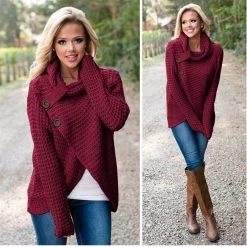 Beakey Womens Cowl Neck Knit Asymmetric Hem Sweater With 2 Buttons-Wine Red -Madam Clothing Store 266b6f04b6d634ce7c1c510ea1a1df83