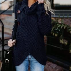 Beakey Womens Cowl Neck Knit Asymmetric Hem Sweater With 2 Buttons-Navy Blue 7 Beakey Womens Cowl Neck Knit Asymmetric Hem Sweater With 2 Buttons-Navy Blue -Madam Clothing Store 26d86024f941e9beef0ace9d53a4e047