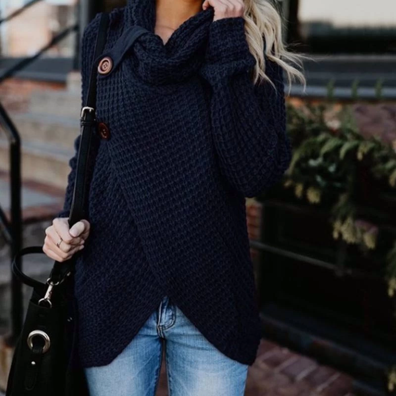 Beakey Womens Cowl Neck Knit Asymmetric Hem Sweater With 2 Buttons-Navy Blue 5 Beakey Womens Cowl Neck Knit Asymmetric Hem Sweater With 2 Buttons-Navy Blue - Image 3