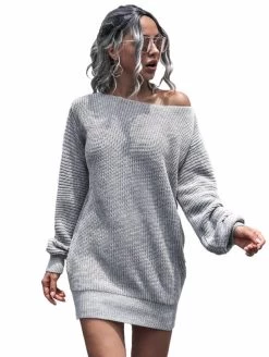 Beakey Womens Autumn Winter Off Shoulder Casual Loose Sweater Dress-Gray