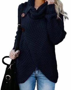 Beakey Womens Cowl Neck Knit Asymmetric Hem Sweater With 2 Buttons-Navy Blue