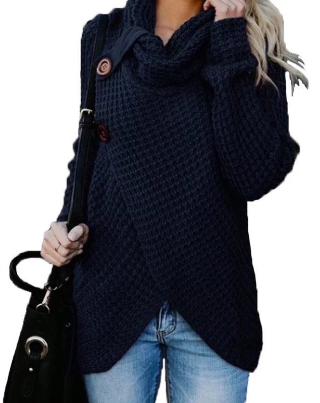 Beakey Womens Cowl Neck Knit Asymmetric Hem Sweater With 2 Buttons-Navy Blue 3 Beakey Womens Cowl Neck Knit Asymmetric Hem Sweater With 2 Buttons-Navy Blue