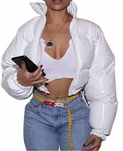 Beakey Womens Cropped Puffer Jacket Y2K Zip Up Bubble Coats-White