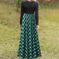 Beakey Womens Plaid Printing Long Sleeve Waist Dress-Green -Madam Clothing Store 2d98380be7acf54d809d657d5826cedf