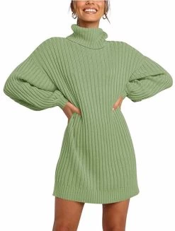 Beakey Womens Turtleneck Loose Sweater Dress Soft Winter Pullover Dress-Green