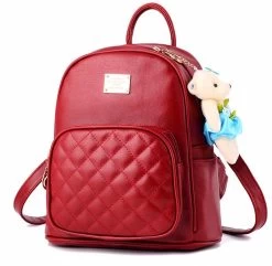 Beakey Leather Backpack Casual Travel Daypacks With Cute Bear For Womens-WineRed