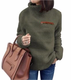 Beakey Womens Turtleneck Sweatshirt Winter Faux Fuzzy Sherpa Pullover-Army Green