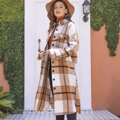 Beakey Womens Lapel Plaid Wool Blend Coat Long Jacket-Khaki -Madam Clothing Store 339d19cd61273b51800a79ff797a1f65