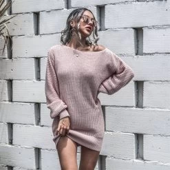 Beakey Womens Autumn Winter Off Shoulder Casual Loose Sweater Dress-Pink -Madam Clothing Store 341f222245695b5a7370f4907db570df