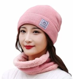 Beakey Winter Hats For Women Soft Warm Knitted Beanies Hat Neck Scarf Set-Pink