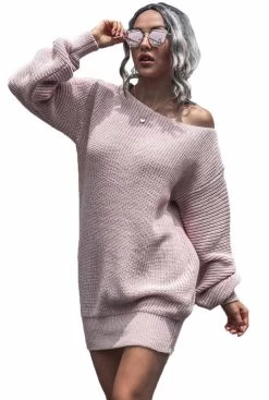 Beakey Womens Autumn Winter Off Shoulder Casual Loose Sweater Dress-Pink