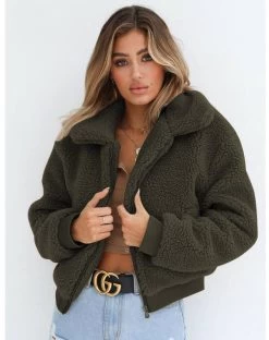 Beakey Womens Sherpa Fleece Jackets Lapel Zip Up Winter Warm Crop Outwear-ArmyGreen -Madam Clothing Store 38287e5fc6afdbc1f5ab31e82aa0b801