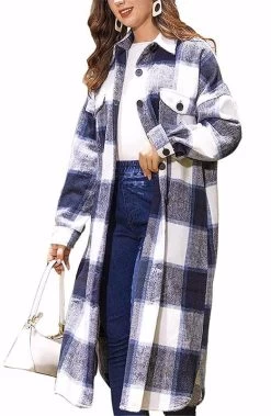 Beakey Womens Lapel Plaid Wool Blend Coat Long Jacket-Navy Blue