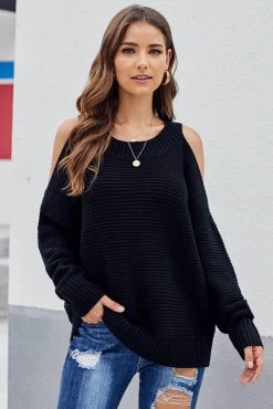 Azura Exchange Black Cold Shoulder Pullover Sweater L