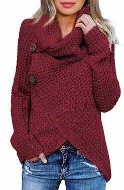 Beakey Womens Cowl Neck Knit Asymmetric Hem Sweater With 2 Buttons-Wine Red -Madam Clothing Store 3ccdf87513eac12f3e94a9bb38eb9e2e
