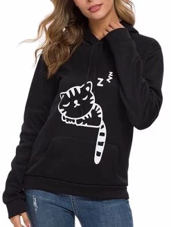 Beakey Womens Cat Cartoon Ear Hoodies Sweatshirt-Black