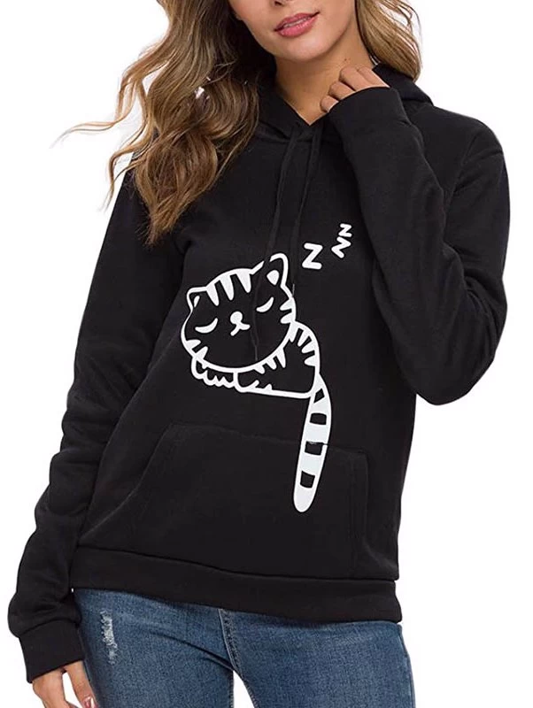Beakey Womens Cat Cartoon Ear Hoodies Sweatshirt-Black