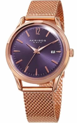 Akribos XXIV Women's Quartz Easy To Read With Purple Mesh Bracelet Watch - Rose Gold