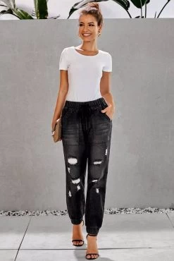 Azura Exchange Black Distress Drawstring Pocketed Joggers L -Madam Clothing Store 42a486f895ae60c1ff236e995dc8e58d