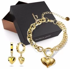Bullion Gold Women's Boxed Lovely Heart Charm Dual Link Bracelet And Ruby Love Huggie Earrings Set I