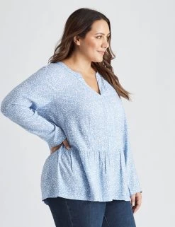 Beme Long Sleeve Stud Detail Top Blue Ditsy - Plus Size -Madam Clothing Store 49ccc7b5c1865592518f3cd2dc4e2dbd