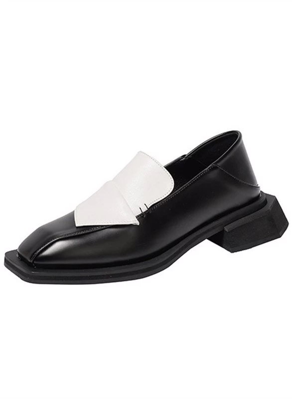 Beakey Womens Loafer Square Toe Chunky Heel Fashion Slip On Shoes-Black White 3 Beakey Womens Loafer Square Toe Chunky Heel Fashion Slip On Shoes-Black White