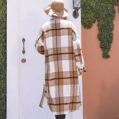 Beakey Womens Lapel Plaid Wool Blend Coat Long Jacket-Khaki -Madam Clothing Store 4aba947ee24d195003421e993aa2a4fb