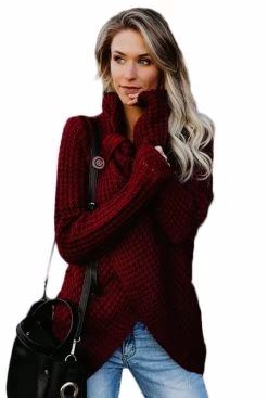Beakey Womens Cowl Neck Knit Asymmetric Hem Sweater With 2 Buttons-Wine Red