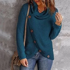 Beakey Womens Cowl Neck Knit Asymmetric Hem Sweater With 5 Buttons-Peacock Blue -Madam Clothing Store 4e35eecc990a82496baecd5da74c59b6