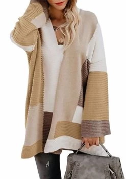 Womens Color Block Cardigan Open Front Sweaters Loose Knit Casual Coat-Khaki-AL6009